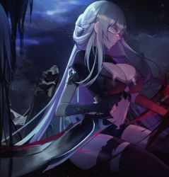 Rule 34 | 1girl, absurdres, bad id, bad pixiv id, bandaged arm, bandages, black shorts, blue eyes, braid, breasts, character request, cleavage, copyright request, french braid, gem, highres, large breasts, long hair, looking at viewer, mouth veil, navel, night, orn, rain, revealing clothes, shorts, sitting, solo, stomach, thighhighs, torn clothes, torn thighhighs, veil, very long hair, wet, wet clothes, white hair