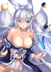 Rule 34 | 1girl, animal ear fluff, animal ears, azur lane, bare shoulders, blue butterfly, blue collar, blue eyes, blue kimono, breasts, bug, butterfly, cleavage, collar, fox ears, fox girl, highres, huge breasts, insect, japanese clothes, kikumon, kimono, kitsune, kyuubi, large tail, long hair, looking to the side, moon phases, multiple tails, off shoulder, shimotsuki shio, shinano (azur lane), simple background, skirt, skirt under kimono, solo, tail, thighhighs, very long hair, white background, white hair, white skirt, white tail, white thighhighs, wide sleeves, zettai ryouiki