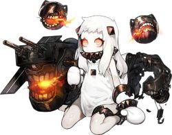 Rule 34 | 10s, 1girl, abyssal ship, akira (kadokawa), anklet, artist request, bare shoulders, colored skin, dress, hook, horns, jewelry, kantai collection, legband, long hair, lots of jewelry, lowres, machinery, mittens, northern ocean princess, official art, orange eyes, pale skin, seiza, sitting, sleeveless, sleeveless dress, solo, transparent background, turret, wariza, white dress, white hair, white skin