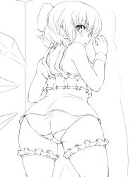 Rule 34 | 1girl, ass, bow, cirno, commentary request, detached wings, dress, frilled thighhighs, frills, from behind, greyscale, hair bow, haseru (ginku mh), highres, ice, ice wings, looking at viewer, looking back, monochrome, panties, short hair, solo, thighhighs, touhou, underwear, wings