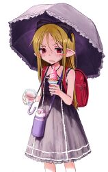 Rule 34 | 1girl, absurdres, backpack, bag, black bow, black dress, blush stickers, bottle, bow, commentary request, dress, fang, feet out of frame, food, frilled umbrella, frills, hair bow, highres, holding, holding food, holding ice cream, ice cream, looking at viewer, original, oyasumi guu guu, parted bangs, pointy ears, randoseru, red bag, red eyes, simple background, solo, sweat, umbrella, vampire, water bottle, white background