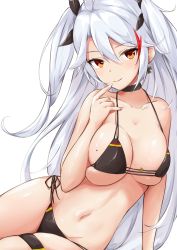 Rule 34 | 1girl, azur lane, bikini, black bikini, black bow, blush, bow, breasts, closed mouth, collarbone, commentary request, cross, earrings, flag print, german flag, german flag bikini, hair between eyes, hair bow, hair flaps, hand up, highres, hoshimiya mashiro, index finger raised, iron cross, jewelry, large breasts, long hair, looking at viewer, mole, mole on breast, multicolored hair, navel, prinz eugen (azur lane), prinz eugen (unfading smile) (azur lane), red eyes, red hair, side-tie bikini bottom, sidelocks, silver hair, simple background, smile, solo, streaked hair, swimsuit, thigh strap, tsurime, two side up, white background