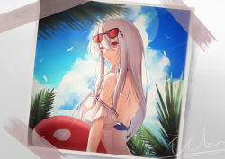 Rule 34 | 1girl, ahoge, arknights, bare back, bare shoulders, black choker, blue shorts, blue sky, breasts, chinese commentary, choker, chongyangqi echo, commentary, eyewear on head, from side, hair between eyes, hair ornament, highres, infection monitor (arknights), long hair, looking ahead, looking to the side, medium breasts, off-shoulder shirt, off shoulder, official alternate costume, orca hair ornament, palm tree, parted lips, portrait (object), red eyes, shirt, shorts, signature, silver hair, skadi (arknights), skadi (waverider) (arknights), sky, solo, stuffed animal, stuffed orca, stuffed toy, sunglasses, swimsuit, tree, upper body, white shirt