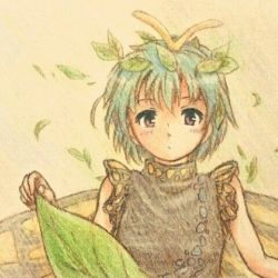 Rule 34 | 1girl, antennae, aqua hair, blush, brown eyes, butterfly wings, closed mouth, commentary, dress, eternity larva, fairy, hair between eyes, insect wings, kakera (comona base), leaf, leaf on head, lowres, multicolored clothes, multicolored dress, short hair, short sleeves, single strap, solo, touhou, traditional media, upper body, wings