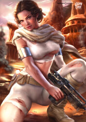 Rule 34 | 1girl, absurdres, artist logo, artist name, belt, bodysuit, boots, brown eyes, brown hair, desert, gun, highres, holding, holding gun, holding weapon, logan cure, looking at viewer, midriff, on one knee, outdoors, padme amidala, patreon username, short hair, solo, star wars, star wars: attack of the clones, torn bodysuit, torn clothes, watermark, weapon, white bodysuit