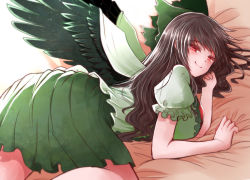 Rule 34 | 1girl, all fours, arano oki, ass, bare legs, bed, bed sheet, black hair, blush, breasts, hair ribbon, head rest, large breasts, light, long hair, looking at viewer, looking back, lying, red eyes, reiuji utsuho, ribbon, sheet grab, smile, solo, touhou, wings