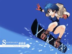 Rule 34 | 1girl, amazuyu tatsuki, blue hair, breasts, gloves, medium breasts, motion blur, one-piece swimsuit, short hair, smile, snowboard, solo, swimsuit