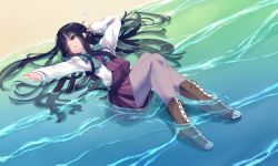 Rule 34 | 002machi, 1girl, absurdres, bad id, bad twitter id, beach, black hair, boots, cross-laced footwear, dress, grey pantyhose, hair over one eye, hair ribbon, hayashimo (kancolle), highres, kantai collection, lace-up boots, long hair, long sleeves, lying, on back, outdoors, pantyhose, parted lips, partially submerged, purple dress, ribbon, sand, shirt, solo, very long hair, water, wet, wet clothes, wet hair, white shirt