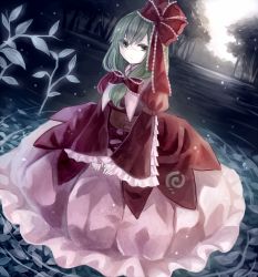 Rule 34 | 1girl, adapted costume, bodice, dress, dutch angle, eyelashes, forest, front ponytail, green eyes, green hair, hair ribbon, juliet sleeves, kagiyama hina, layered dress, leaf, light frown, long hair, long sleeves, looking at viewer, matching hair/eyes, miyakure, nature, outdoors, partially submerged, puffy sleeves, ribbon, river, solo, standing, touhou, wading, wide sleeves