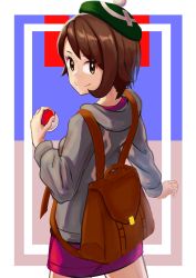 Rule 34 | 1girl, absurdres, backpack, bag, brown eyes, brown hair, cardigan, closed mouth, commentary request, cowboy shot, creatures (company), game freak, gloria (pokemon), green hat, hat, highres, holding, holding poke ball, long sleeves, looking at viewer, nintendo, poke ball, poke ball (basic), pokemon, pokemon swsh, shirt, short hair, smile, solo, standing, tam o&#039; shanter, tsunaho kn