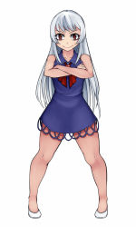 Rule 34 | &gt;:), 1girl, aged down, alternate eye color, aoshima, bare arms, bare legs, bare shoulders, blue hair, breasts, brown eyes, crossed arms, curvy, dress, full body, gunbuster pose, highres, kamishirasawa keine, legs, legs apart, long hair, looking at viewer, multicolored hair, no headwear, outline, red eyes, ribbon, shoes, short dress, simple background, sleeveless, sleeveless dress, small breasts, smile, solo, thick thighs, thighs, touhou, two-tone hair, v-shaped eyebrows, very long hair, white background, white footwear, white hair