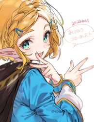 Rule 34 | 1girl, blonde hair, blush, braid, close-up, crown braid, double v, green eyes, hair ornament, hairclip, hands up, looking at viewer, nintendo, official alternate hair length, official alternate hairstyle, open mouth, parted bangs, pointy ears, princess zelda, short hair, shuri (84k), smile, solo, the legend of zelda, the legend of zelda: tears of the kingdom, upper body, v