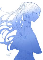 Rule 34 | 1girl, blue theme, capelet, closed mouth, commentary request, dated, frieren, from side, highres, long hair, looking at viewer, monochrome, pointy ears, profile, solo, sousou no frieren, thick eyebrows, twintails, twitter username, upper body, white background, yuri kyanon