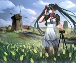 Rule 34 | 1girl, absurdres, aqua eyes, aqua hair, bad id, bad pixiv id, camera, cropped jacket, dress, hatsune miku, headphones, highres, long hair, looking at viewer, scenery, solo, thighhighs, twintails, vocaloid, white dress, windmill, yykuaixian