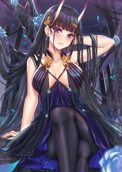 Rule 34 | 1girl, absurdres, arm at side, arm up, armpits, azur lane, bare tree, black hair, black pantyhose, blue flower, blue rose, blunt bangs, breasts, cleavage, collarbone, crossed legs, dress, earrings, feet out of frame, flower, gu li, hair ornament, hairclip, highres, horns, jewelry, large breasts, long hair, looking at viewer, night, night sky, noshiro (azur lane), noshiro (xanadu&#039;s eventide) (azur lane), outdoors, pantyhose, parted lips, purple dress, purple eyes, rose, sitting, skin-covered horns, sky, sleeveless, sleeveless dress, smile, solo, straight hair, tree, very long hair, white background, x hair ornament