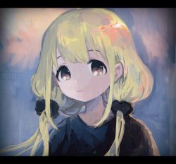 Rule 34 | 1girl, black scrunchie, black sweater, blonde hair, brown eyes, comeco, expressionless, futaba anzu, hair ornament, hair scrunchie, highres, idolmaster, idolmaster cinderella girls, letterboxed, long hair, looking at viewer, low twintails, scrunchie, solo, sweater, twintails, upper body