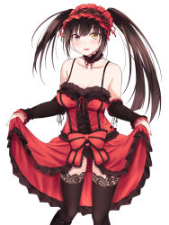 Rule 34 | 1girl, black dress, black footwear, black panties, black thighhighs, blush, boots, bow, bow panties, breasts, brown hair, choker, clothes lift, collarbone, date a live, detached sleeves, dress, dress lift, hairband, heterochromia, highres, long hair, long sleeves, looking at viewer, medium breasts, mobukichi, neck ribbon, open mouth, panties, red dress, red eyes, red neckwear, ribbon, sleeveless, sleeveless dress, smile, standing, symbol-shaped pupils, thighhighs, tokisaki kurumi, twintails, underwear, white background, yellow eyes