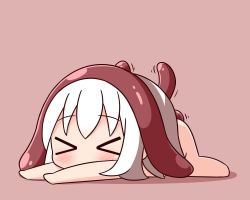 Rule 34 | &gt; &lt;, 1girl, barefoot, blush, brown background, chibi, closed eyes, hair between eyes, hana kazari, living clothes, long hair, lying, nude, on stomach, original, outstretched arms, shadow, shokushu-chan, solo, tentacles, white hair
