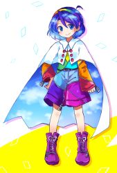 Rule 34 | 1girl, ahoge, belt, blue eyes, blue hair, boots, brown belt, cape, cloak, cloud print, full body, hairband, highres, long sleeves, multicolored clothes, multicolored hairband, multicolored shirt, multicolored shorts, patchwork clothes, pote (ptkan), purple footwear, rainbow gradient, red button, shirt, short hair, shorts, sky print, smile, tenkyuu chimata, touhou, white cape, white cloak, zipper