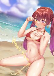 Rule 34 | 1girl, beach, blush, bottomless, censored, heterochromia, highres, hololive, houshou marine, kneeling, ocean, outdoors, paw pose, peeing, public indecency, red hair, solo, swimsuit, sypztep, virtual youtuber