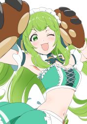 Rule 34 | 1girl, animal ears, animal hands, animare, apron, armpits, bare shoulders, bear ears, bear paws, blush, bow, bowtie, breasts, choker, cleavage, commentary, detached collar, gloves, green eyes, green hair, halterneck, highres, hinokuma ran, long hair, looking at viewer, medium breasts, midriff, mitsuda hajime, name tag, nanashi inc., navel, one eye closed, open mouth, paw gloves, sidelocks, smile, solo, virtual youtuber, waist apron
