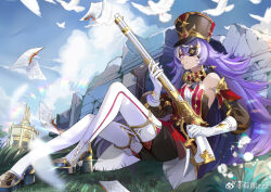 Rule 34 | 1girl, ahk dh, bare shoulders, bird, blue sky, chevreuse (genshin impact), cloud, commentary request, day, detached sleeves, dress, earmuffs, earmuffs around neck, eyepatch, floating, floating object, genshin impact, gun, hat, holding, holding gun, holding weapon, long hair, multicolored hair, musket, outdoors, paper, purple eyes, purple hair, red dress, shako cap, sitting, sky, solo, streaked hair, two-tone hair, very long hair, weapon, white hair