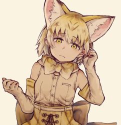 Rule 34 | 10s, 1girl, animal ears, bare shoulders, belt, black ribbon, blonde hair, bow, bowtie, breasts, brown hair, buttons, cat ears, closed mouth, elbow gloves, eyebrows, facing viewer, frown, gloves, hair between eyes, head tilt, high-waist skirt, kemono friends, looking at viewer, multicolored bow, multicolored clothes, multicolored gloves, multicolored hair, multicolored neckwear, ouka (yama), ribbon, sand cat (kemono friends), shirt, short hair, skirt, sleeveless, sleeveless shirt, small breasts, solo, tareme, upper body, white belt, white hair, white shirt, yellow eyes, yellow skirt
