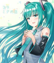 Rule 34 | 1girl, 39, :d, ahoge, aqua eyes, aqua hair, aqua nails, bare shoulders, blush, commentary, detached sleeves, grey shirt, hands up, hatsune miku, highres, long hair, long sleeves, looking at viewer, nail polish, open mouth, own hands together, shirt, smile, solo, steepled fingers, tenneko yuuri, translated, twintails, upper body, very long hair, vocaloid, wide sleeves