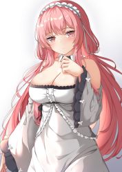 Rule 34 | 1girl, absurdres, azur lane, blush, breasts, cleavage, closed mouth, commentary request, dress, flying sweatdrops, frilled dress, frills, gradient background, grey background, grey hairband, hairband, hand up, highres, long hair, long sleeves, medium breasts, moyoron, off-shoulder dress, off shoulder, perseus (azur lane), pink hair, red eyes, sleeves past wrists, solo, very long hair, white background, white dress, wide sleeves