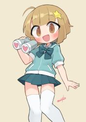 Rule 34 | 1girl, :d, binoculars, blue shirt, blue skirt, blush, brown eyes, brown hair, commentary request, feet out of frame, hair ornament, highres, holding, holding binoculars, looking at viewer, miniskirt, nanatsuta, open mouth, original, pleated skirt, puffy short sleeves, puffy sleeves, shirt, short sleeves, simple background, skirt, smile, solo, star (symbol), star hair ornament, thighhighs, white thighhighs, yellow background, zettai ryouiki