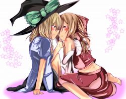 Rule 34 | 2girls, alternate hair color, bad id, bad pixiv id, barefoot, blonde hair, blush, braid, brown hair, detached sleeves, female focus, grabbing another&#039;s chin, hakurei reimu, hand on another&#039;s chin, hat, kirisame marisa, mito (calcomer), multiple girls, naughty face, star (symbol), touhou, witch hat, yuri