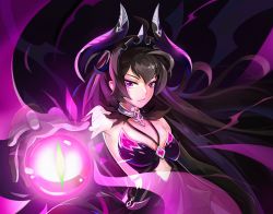 Rule 34 | 1girl, absurdres, bad id, bad pixiv id, black hair, energy ball, epic seven, flat chest, floating hair, highres, huge filesize, long hair, looking at viewer, open hand, purple eyes, solo, tdh123, tenebria (epic seven)