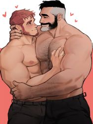 Rule 34 | 2boys, abs, bara, beard, body hair, bulge, bulge press, bulges touching, chest hair, couple, dopey (dopq), eye contact, facial hair, grabbing, highres, imminent kiss, large pectorals, looking at another, male focus, manly, multiple boys, muscular, nipples, original, pectoral docking, pectoral grab, pectoral press, pectorals, simple background, topless male, yaoi