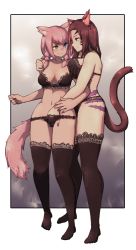 Rule 34 | 2girls, animal ears, asymmetrical docking, bare arms, bare shoulders, black bra, black legwear, black panties, blue eyes, blush, bow, bow bra, bra, braid, breast press, breasts, breasts apart, brown eyes, brown hair, cat ears, cat girl, cat tail, cleavage, closed mouth, collarbone, eye contact, facial mark, final fantasy, final fantasy xiv, fingernails, full body, green eyes, hair between eyes, hair ornament, hair tie, hand in panties, hand on another&#039;s crotch, hand on another&#039;s shoulder, hand up, heterochromia, highres, lace, lace bra, lamb-oic029, large breasts, lingerie, long hair, looking at another, lowleg, lowleg panties, medium breasts, medium hair, miqo&#039;te, multiple girls, open mouth, panties, parted bangs, pink hair, pink lips, sidelocks, slit pupils, smile, square enix, standing, sweatdrop, tail, teeth, thighhighs, twin braids, underwear, underwear only, whisker markings, white bow, yuri