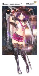 Rule 34 | 1girl, arm up, armpits, belt, black bra, blush, boots, bra, breasts, chain, choker, cleavage, closed mouth, company name, copyright name, crop top, eyebrows, eyepatch, frown, full body, holding, holding weapon, looking at viewer, medical eyepatch, midriff, navel, off shoulder, pink skirt, pleated skirt, popqn, purple hair, qurare magic library, red eyes, school uniform, scythe, serafuku, skirt, sleeveless, small breasts, solo, standing, stomach, thigh boots, thighhighs, two-handed, underwear, weapon