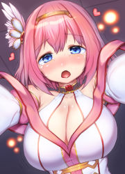 Rule 34 | 1girl, ^^^, blue eyes, breasts, cleavage, commentary, crying, crying with eyes open, detached sleeves, hair ornament, half-closed eyes, heart, large breasts, open mouth, pink hair, pov, princess connect!, sakimori dan, short hair, solo, tears, upper body, yui (princess connect!)