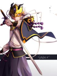 Rule 34 | androgynous, bad id, bad twitter id, character name, fate/grand order, fate (series), gender request, highres, horned mask, japanese clothes, male focus, mask, prince of lan ling (fate), purple eyes, saber (lostbelt), serious, short hair, silver hair, simple background, solo, sword, weapon, white background