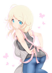 Rule 34 | 1girl, :o, adjusting apron, ahoge, apron, ass, black shirt, blonde hair, blue pants, blush, check commentary, commentary request, denim, flat chest, green eyes, grey apron, highres, hosizora mikoto, idolmaster, idolmaster cinderella girls, jeans, looking at viewer, low twintails, medium hair, pants, pink background, shadow, shirt, sidelocks, sleeveless, sleeveless shirt, solo, striped apron, striped clothes, thighs, twintails, vertical-striped apron, vertical-striped clothes, yusa kozue