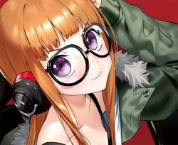 Rule 34 | &gt;:), 10s, 1girl, arm up, bare shoulders, black-framed eyewear, blunt bangs, blush, closed mouth, collarbone, commentary request, from above, fur collar, fur trim, glasses, green jacket, headphones, jacket, lips, long hair, looking at viewer, looking up, open clothes, open jacket, orange hair, persona, persona 5, red background, round eyewear, sakura futaba, sidelocks, simple background, smile, solo, tank top, tareme, upper body, v-shaped eyebrows, yanyo (ogino atsuki)