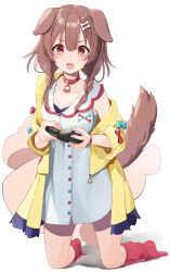 Rule 34 | 1girl, absurdres, animal ears, bone hair ornament, breasts, brown hair, cartoon bone, cleavage, collar, controller, dog ears, dog girl, dog tail, game controller, hair ornament, highres, holding, holding controller, holding game controller, hololive, inugami korone, inugami korone (1st costume), kneeling, large breasts, looking at viewer, red collar, short hair, simple background, solo, tail, virtual youtuber, white background, yuuzuki (re&#039;ef)