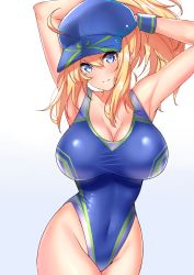 Rule 34 | 1girl, arms behind head, arms up, artoria pendragon (fate), baseball cap, blonde hair, blue eyes, blue hat, blue one-piece swimsuit, breasts, cleavage, competition swimsuit, covered navel, fate/grand order, fate (series), grey background, hat, highres, large breasts, long hair, looking at viewer, mysterious heroine x (fate), mysterious heroine xx (fate), one-piece swimsuit, ponytail, sankakusui, simple background, smile, solo, swimsuit