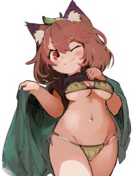 Rule 34 | 1girl, ;), animal ears, bikini, bikini under clothes, breasts, brown eyes, brown hair, cape, clothes lift, commentary request, futatsuiwa mamizou, hand on own chest, hands up, highres, leaf, leaf on head, looking at viewer, medium breasts, medium hair, navel, one eye closed, raccoon ears, raised eyebrow, shirt lift, shortstack, simple background, smile, solo, swimsuit, touhou, underboob, v-shaped eyebrows, white background, yoshiyuki (14330975)