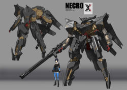 Rule 34 | 1girl, absurdres, arm cannon, autocannon, bird/binary, black gloves, blue eyes, breasts, cannon, character name, character sheet, ciel (bird/binary), gatling gun, gloves, gradient background, highres, las91214, mecha, medium breasts, multiple-barrel firearm, necro (bird/binary), open hands, robot, rotary cannon, science fiction, short hair, size comparison, standing, thighhighs, weapon