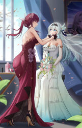 Rule 34 | 2024, 2girls, absurdres, applying makeup, armpit crease, ass, back, bare shoulders, black hairband, blue curtains, blue eyes, blue pupils, blue sky, bouquet, bow, breasts, bridal veil, cherry blossoms, chinese commentary, cleavage, closed mouth, cloud, collar, commentary request, curtains, dated, detached sleeves, dress, earrings, falling petals, firefly (honkai: star rail), flower, frilled collar, frilled hairband, frills, gloves, grey hair, hair between eyes, hair bow, hair flower, hair intakes, hair ornament, hairband, heart, heart earrings, highres, holding, holding bouquet, holy guagua, honkai: star rail, honkai (series), indoors, jewelry, kafka (honkai: star rail), large breasts, layered dress, light blush, long dress, looking at another, makeup, makeup brush, multicolored hair, multiple girls, petals, picture frame, pink eyes, pink petals, ponytail, purple collar, purple dress, purple eyes, purple flower, purple gloves, purple hair, purple rose, rose, rose petals, see-through dress layer, shoulder blades, sidelocks, sitting, sky, smile, spider web tattoo, standing, strapless, strapless dress, table, transparent curtains, veil, wedding, wedding dress, white bow, white dress, white sleeves, window