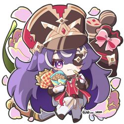 Rule 34 | 1girl, :t, black dress, black hat, boots, bright pupils, chevreuse (genshin impact), chibi, commentary request, dress, earmuffs, earmuffs around neck, eyepatch, flower, food, french fries, genshin impact, gloves, hat, highres, holding, holding food, long hair, long sleeves, mole, mole under mouth, multicolored hair, niwa 2810, petals, pink flower, purple eyes, purple hair, red dress, shako cap, solo, streaked hair, two-tone dress, very long hair, white background, white footwear, white gloves, white hair, white pupils