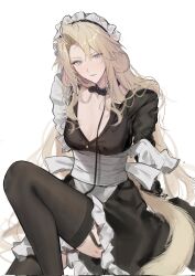 Rule 34 | 1girl, animal collar, animal ears, arknights, black dress, black thighhighs, blue eyes, breasts, cleavage, closed mouth, collar, commentary, corrupted twitter file, dog ears, dog girl, dog tail, dress, droopy ears, garter straps, hair intakes, highres, joshua (shisanli934), kristen (arknights), leash, light brown hair, long hair, looking at viewer, maid, maid headdress, medium breasts, simple background, sitting, solo, symbol-only commentary, tail, thighhighs, very long hair, white background