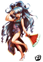 Rule 34 | 1girl, alfimi, banpresto, blue hair, china dress, chinese clothes, dress, feather fan, folding fan, full body, hand fan, high heels, hisahiko, long hair, ponytail, red eyes, shoes, side slit, simple background, solo, super robot wars, very long hair, white background