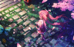 Rule 34 | 1girl, absurdres, arms behind back, bare shoulders, black hair, boots, bug, butterfly, cherry blossoms, detached sleeves, dutch angle, from above, hatsune miku, highres, insect, long hair, necktie, pekakiu, pink eyes, pink hair, pink necktie, sakura miku, skirt, solo, stairs, stone walkway, thigh boots, thighhighs, twintails, vocaloid