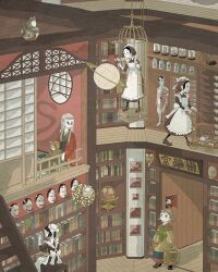 Rule 34 | 4girls, apron, back bow, ball, black dress, black pantyhose, book, book stack, bookshelf, bow, brown hair, bun cover, cleaning, doll, doorway, dress, duster, food delivery box, frilled apron, frills, frog, globe, grey hair, hands up, hannya, haori, hat, holding, in cage, indoors, jacket, japanese clothes, jar, ladder, library, looking to the side, looking up, maid, maid apron, maid day, maid headdress, mask, mob cap, multiple girls, noh mask, obi, on floor, oni mask, orb, original, pantyhose, picture frame, pushcart, railing, red jacket, round window, sash, short hair, sitting, skeleton, sliding doors, snake, standing, tatami, temari ball, tokyo mononoke, topknot, walking, white apron, window, wooden floor