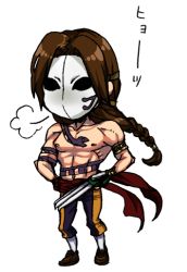 Rule 34 | 1boy, abs, armlet, bad id, bad pixiv id, bracelet, braid, brown hair, capcom, chibi, claw (weapon), floating hair, hands on own hips, jewelry, long hair, looking at viewer, male focus, mask, muscular, navel, nipples, pants, ribs, sash, scrunchie, shoes, simple background, single braid, snake, solo, standing, street fighter, tattoo, topless male, vega (street fighter), weapon, white background
